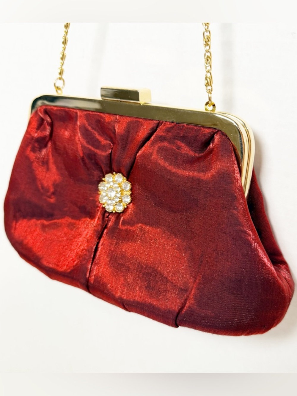 Vintage Revlon Flair Red Satin Evening Clutch/Bag with Gold Chain, Flower Brooch